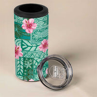 Cyan Hawaii Hibiscus With Tropical Flowers Motifs 4 in 1 Can Cooler Tumbler - Polynesian Pride