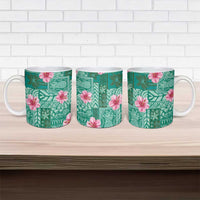 Cyan Hawaii Hibiscus With Tropical Flowers Motifs Ceramic Mug - Polynesian Pride