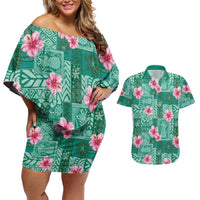 Cyan Hawaii Hibiscus With Tropical Flowers Motifs Couples Matching Off Shoulder Short Dress and Hawaiian Shirt - Polynesian Pride