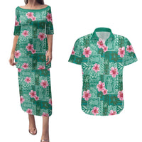 Cyan Hawaii Hibiscus With Tropical Flowers Motifs Couples Matching Puletasi and Hawaiian Shirt - Polynesian Pride