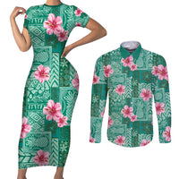 Cyan Hawaii Hibiscus With Tropical Flowers Motifs Couples Matching Short Sleeve Bodycon Dress and Long Sleeve Button Shirt - Polynesian Pride