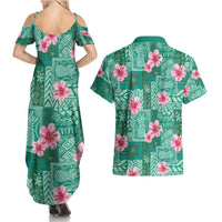 Cyan Hawaii Hibiscus With Tropical Flowers Motifs Couples Matching Summer Maxi Dress and Hawaiian Shirt - Polynesian Pride