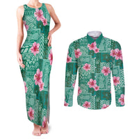 Cyan Hawaii Hibiscus With Tropical Flowers Motifs Couples Matching Tank Maxi Dress and Long Sleeve Button Shirt - Polynesian Pride