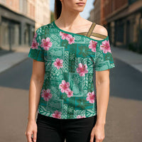 Cyan Hawaii Hibiscus With Tropical Flowers Motifs Cross Shoulder Shirt - Polynesian Pride