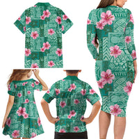 Cyan Hawaii Hibiscus With Tropical Flowers Motifs Family Matching Long Sleeve Bodycon Dress and Hawaiian Shirt - Polynesian Pride