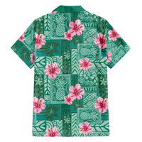 Cyan Hawaii Hibiscus With Tropical Flowers Motifs Family Matching Off The Shoulder Long Sleeve Dress and Hawaiian Shirt - Polynesian Pride