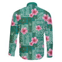 Cyan Hawaii Hibiscus With Tropical Flowers Motifs Family Matching Off The Shoulder Long Sleeve Dress and Hawaiian Shirt - Polynesian Pride