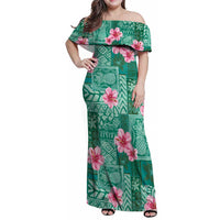 Cyan Hawaii Hibiscus With Tropical Flowers Motifs Family Matching Off Shoulder Maxi Dress and Hawaiian Shirt - Polynesian Pride