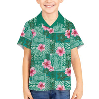 Cyan Hawaii Hibiscus With Tropical Flowers Motifs Family Matching Off Shoulder Short Dress and Hawaiian Shirt - Polynesian Pride
