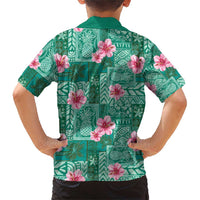 Cyan Hawaii Hibiscus With Tropical Flowers Motifs Family Matching Short Sleeve Bodycon Dress and Hawaiian Shirt - Polynesian Pride