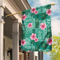 Cyan Hawaii Hibiscus With Tropical Flowers Motifs Garden Flag - Polynesian Pride