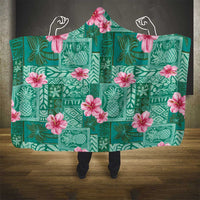 Cyan Hawaii Hibiscus With Tropical Flowers Motifs Hooded Blanket - Polynesian Pride