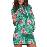 Cyan Hawaii Hibiscus With Tropical Flowers Motifs Hoodie Dress - Polynesian Pride