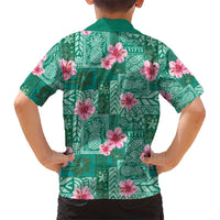 Cyan Hawaii Hibiscus With Tropical Flowers Motifs Kid Hawaiian Shirt - Polynesian Pride