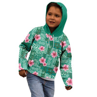 Cyan Hawaii Hibiscus With Tropical Flowers Motifs Kid Hoodie - Polynesian Pride