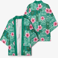 Cyan Hawaii Hibiscus With Tropical Flowers Motifs Kimono - Polynesian Pride