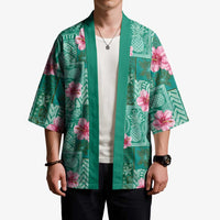 Cyan Hawaii Hibiscus With Tropical Flowers Motifs Kimono - Polynesian Pride