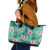 Cyan Hawaii Hibiscus With Tropical Flowers Motifs Leather Tote Bag - Polynesian Pride