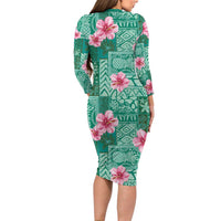 Cyan Hawaii Hibiscus With Tropical Flowers Motifs Long Sleeve Bodycon Dress - Polynesian Pride