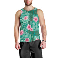 Cyan Hawaii Hibiscus With Tropical Flowers Motifs Men Tank Top - Polynesian Pride