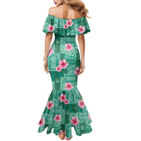 Cyan Hawaii Hibiscus With Tropical Flowers Motifs Mermaid Dress - Polynesian Pride