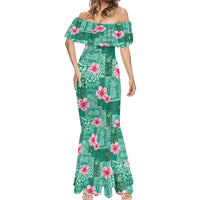 Cyan Hawaii Hibiscus With Tropical Flowers Motifs Mermaid Dress - Polynesian Pride
