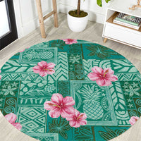 Cyan Hawaii Hibiscus With Tropical Flowers Motifs Round Carpet - Polynesian Pride
