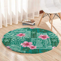 Cyan Hawaii Hibiscus With Tropical Flowers Motifs Round Carpet - Polynesian Pride