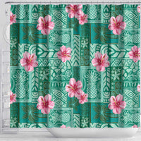 Cyan Hawaii Hibiscus With Tropical Flowers Motifs Shower Curtain - Polynesian Pride