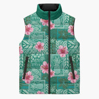 Cyan Hawaii Hibiscus With Tropical Flowers Motifs Sleeveless Puffer Jacket - Polynesian Pride