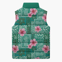 Cyan Hawaii Hibiscus With Tropical Flowers Motifs Sleeveless Puffer Jacket - Polynesian Pride