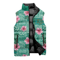 Cyan Hawaii Hibiscus With Tropical Flowers Motifs Sleeveless Puffer Jacket - Polynesian Pride