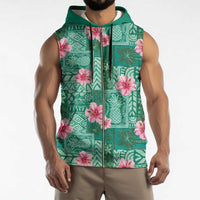 Cyan Hawaii Hibiscus With Tropical Flowers Motifs Sleeveless Zip Hoodie - Polynesian Pride
