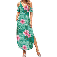 Cyan Hawaii Hibiscus With Tropical Flowers Motifs Summer Maxi Dress - Polynesian Pride
