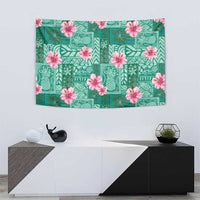 Cyan Hawaii Hibiscus With Tropical Flowers Motifs Tapestry - Polynesian Pride