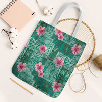 Cyan Hawaii Hibiscus With Tropical Flowers Motifs Tote Bag - Polynesian Pride