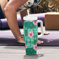 Cyan Hawaii Hibiscus With Tropical Flowers Motifs Tumbler With Handle - Polynesian Pride