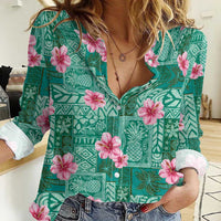 Cyan Hawaii Hibiscus With Tropical Flowers Motifs Women Casual Shirt - Polynesian Pride