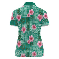 Cyan Hawaii Hibiscus With Tropical Flowers Motifs Women Polo Shirt - Polynesian Pride