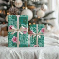 Cyan Hawaii Hibiscus With Tropical Flowers Motifs Wrapping Paper - Polynesian Pride