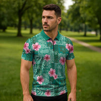 Cyan Hawaii Hibiscus With Tropical Flowers Motifs Zipper Polo Shirt - Polynesian Pride