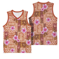 Orange Hawaii Hibiscus With Tropical Flowers Motifs Basketball Jersey - Polynesian Pride