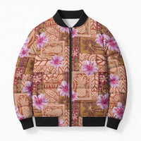 Orange Hawaii Hibiscus With Tropical Flowers Motifs Bomber Puffer Jacket - Polynesian Pride