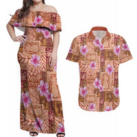 Orange Hawaii Hibiscus With Tropical Flowers Motifs Couples Matching Off Shoulder Maxi Dress and Hawaiian Shirt - Polynesian Pride