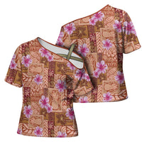 Orange Hawaii Hibiscus With Tropical Flowers Motifs Cross Shoulder Shirt - Polynesian Pride
