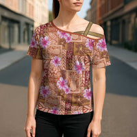 Orange Hawaii Hibiscus With Tropical Flowers Motifs Cross Shoulder Shirt - Polynesian Pride