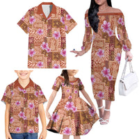 Orange Hawaii Hibiscus With Tropical Flowers Motifs Family Matching Off The Shoulder Long Sleeve Dress and Hawaiian Shirt - Polynesian Pride