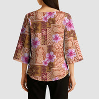 Orange Hawaii Hibiscus With Tropical Flowers Motifs Kimono Sleeve Blouse - Polynesian Pride