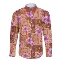 Orange Hawaii Hibiscus With Tropical Flowers Motifs Long Sleeve Button Shirt - Polynesian Pride