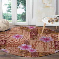 Orange Hawaii Hibiscus With Tropical Flowers Motifs Round Carpet - Polynesian Pride